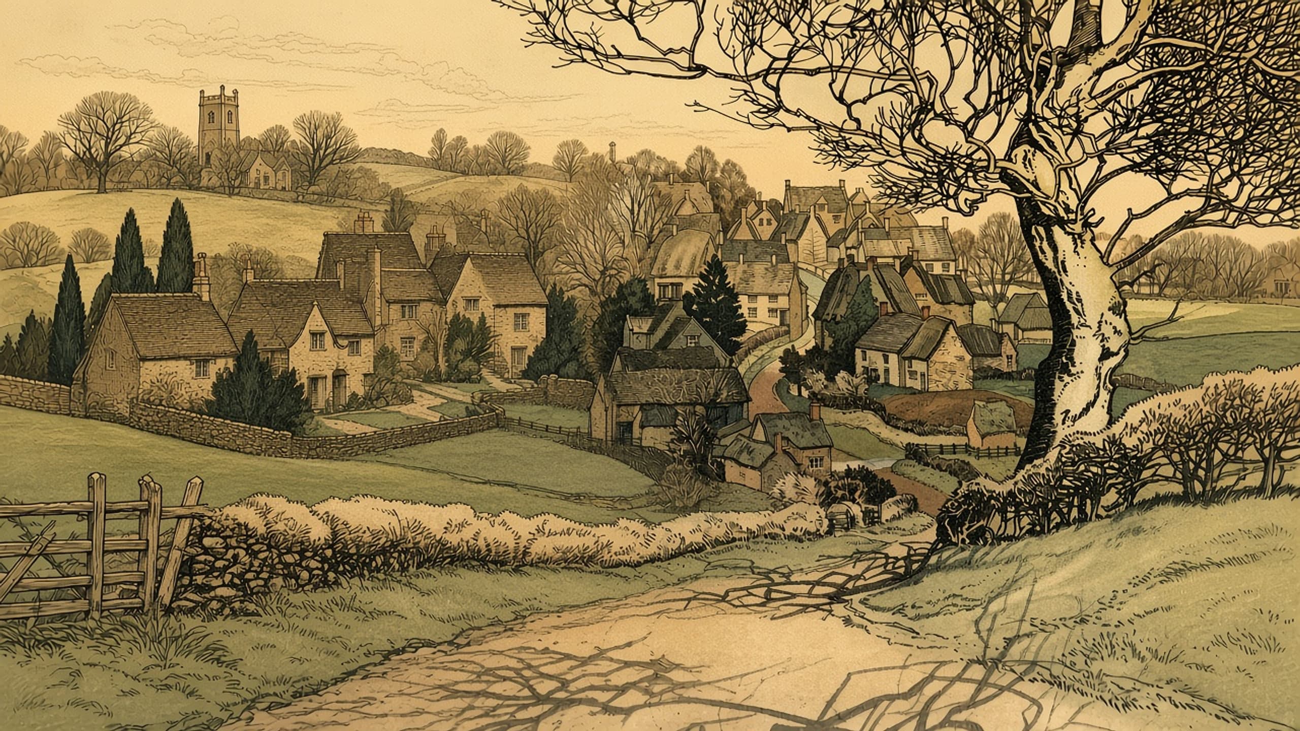 An inked and watercoloured English village of stone cottages in a valley, seen from a sunlit lane beneath a bare beech tree.