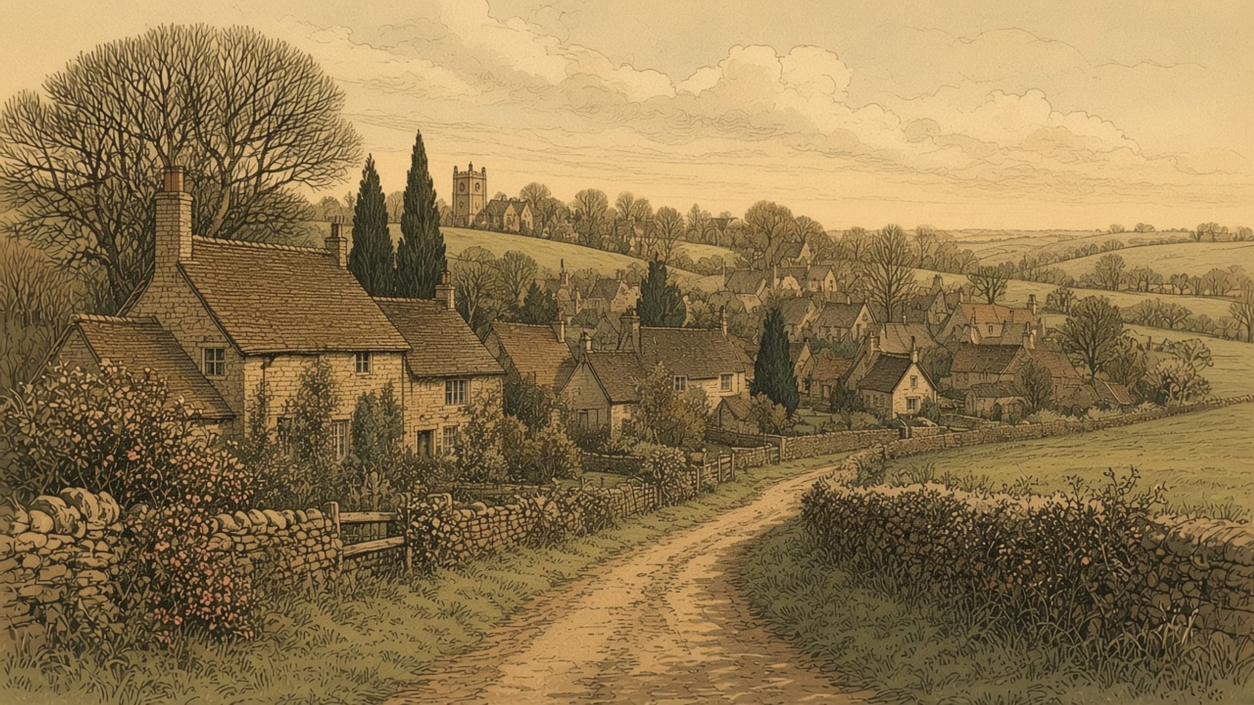 An inked and watercoloured English village: stone cottages behind dry-stone walls and roses, a lane winding past hedgerows toward a church tower and rolling fields.