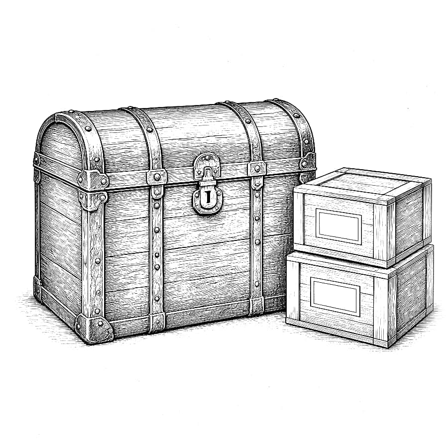 Engraving of a steamer trunk beside two packing crates.